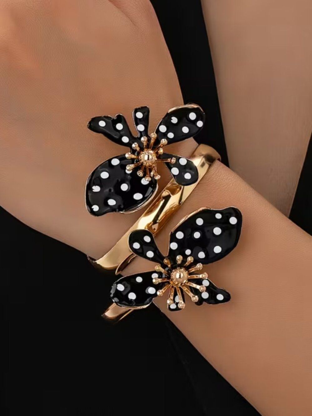NWT KC Gold Plated Polka Dot Enamel Floral Bypass Cuff Bangle Bracelet